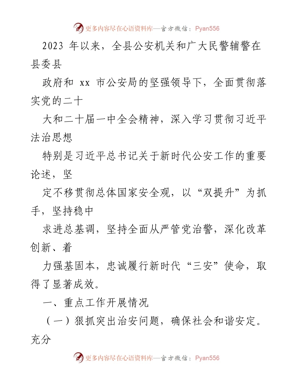 [工作总结] 公安工作 - 2023年全县公安机关工作总结与成效分析.docx_第1页
