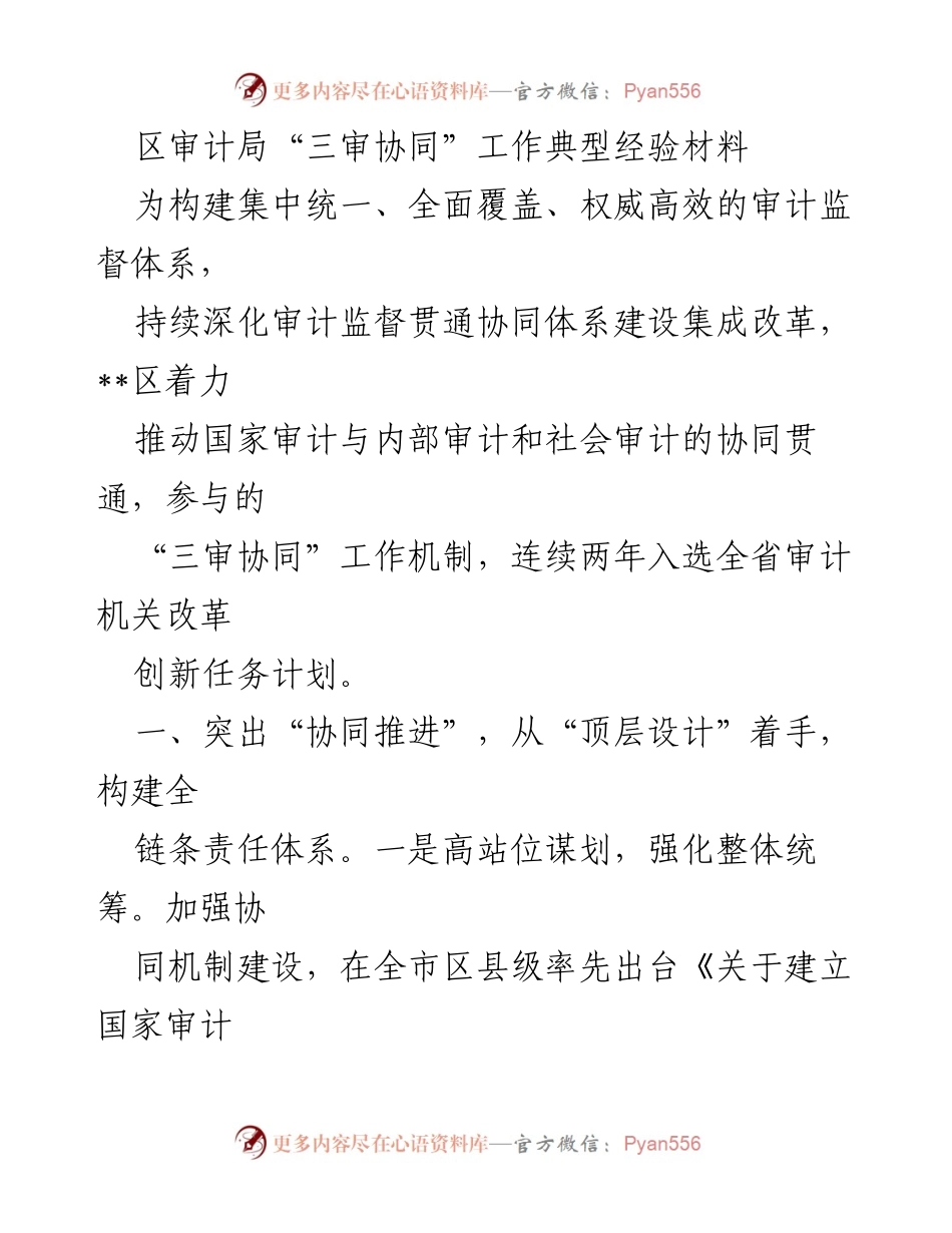 [工作总结] 区审计局 - 区审计局“三审协同”工作机制建设典型经验分享.docx_第1页