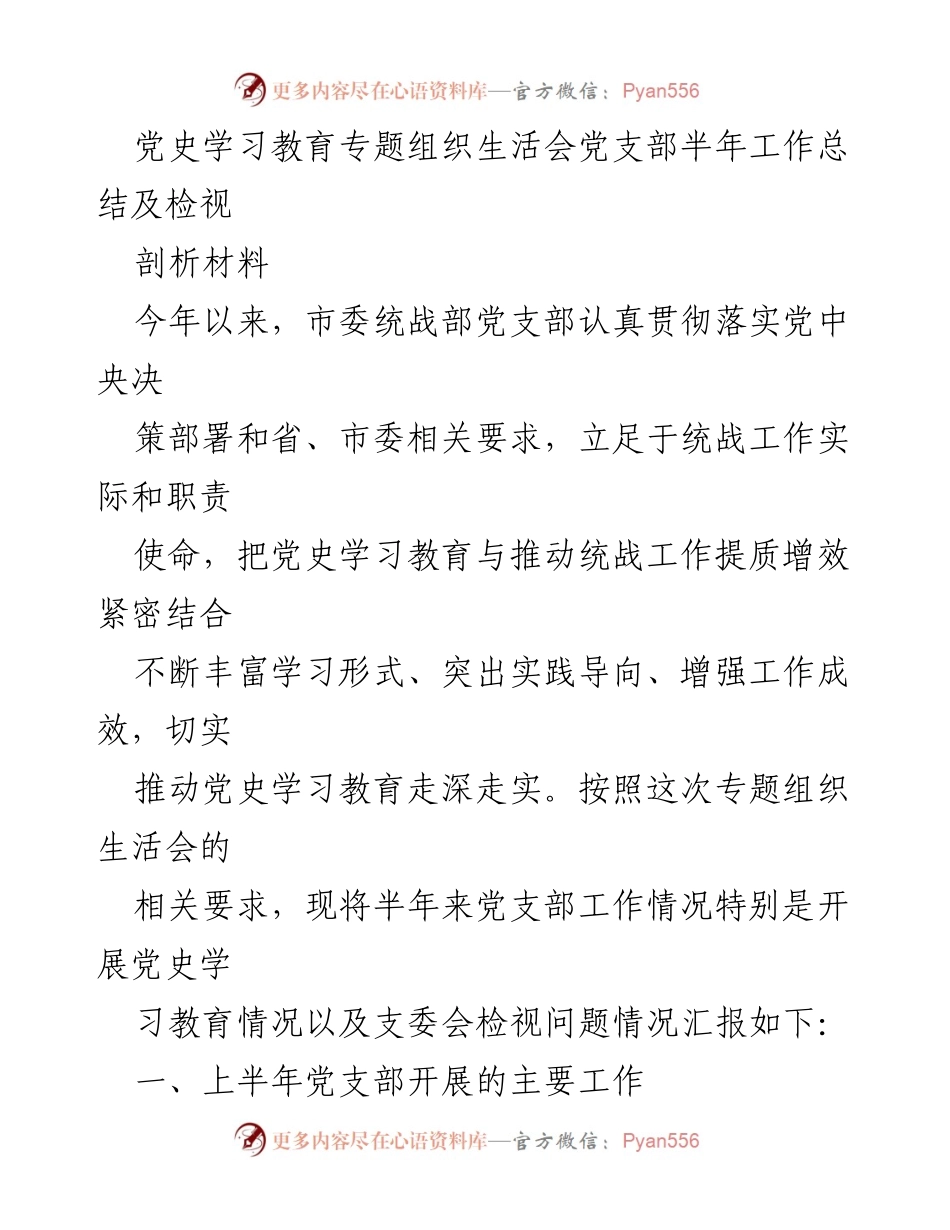 [工作总结] 党支部 - 党史学习教育专题组织生活会半年工作总结及检视报告.docx_第1页