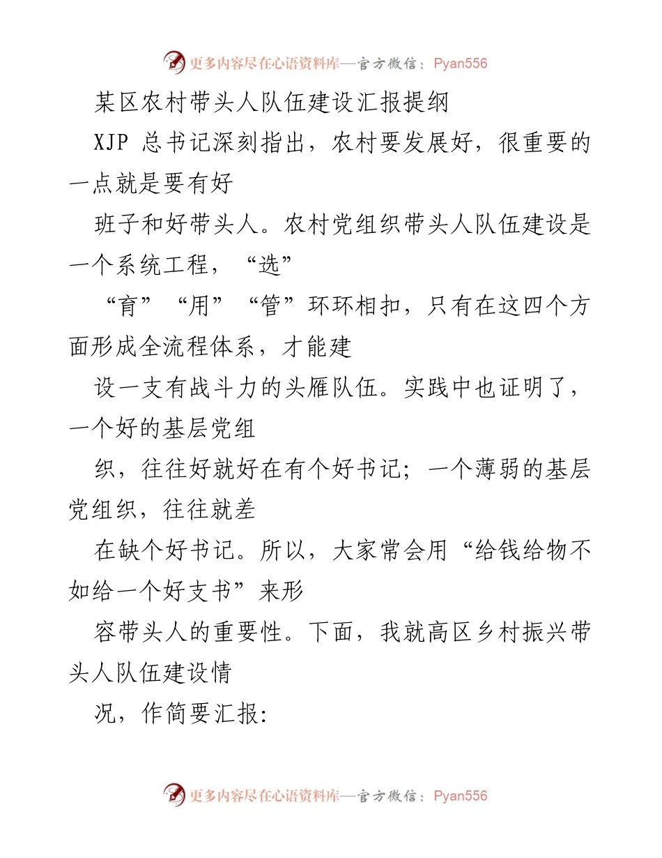 [工作总结] 农村带头人队伍建设 - 农村党组织带头人队伍建设汇报总结.docx_第1页
