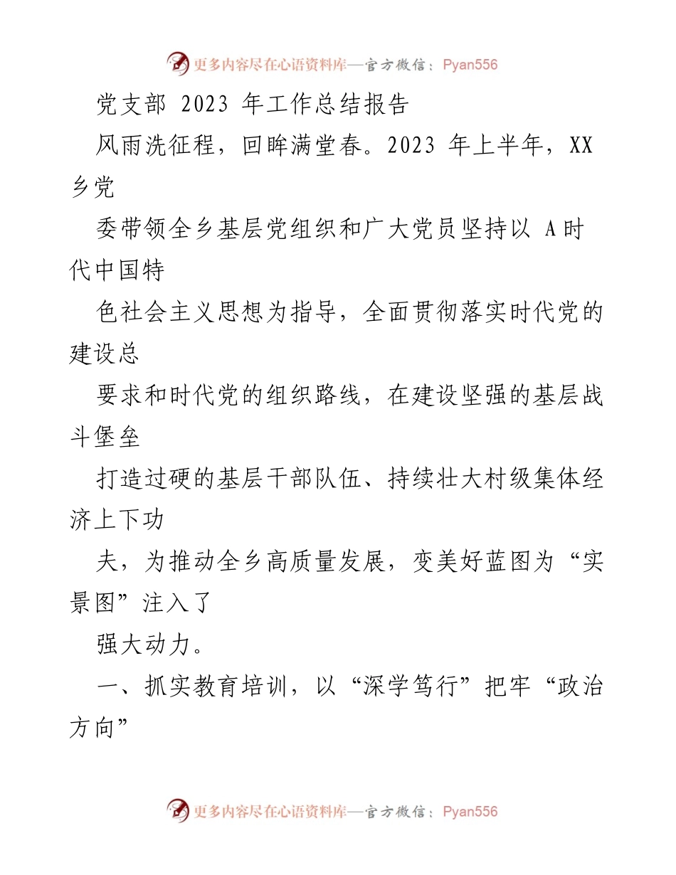 [工作总结] 党支部年度总结 - 2023年XX乡党支部工作总结报告.docx_第1页