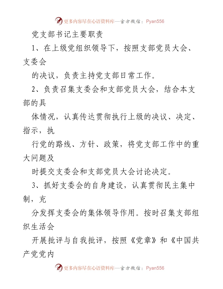 [工作总结] 党支部工作会议 - 党支部书记、副书记及组织委员主要职责概述.docx_第1页
