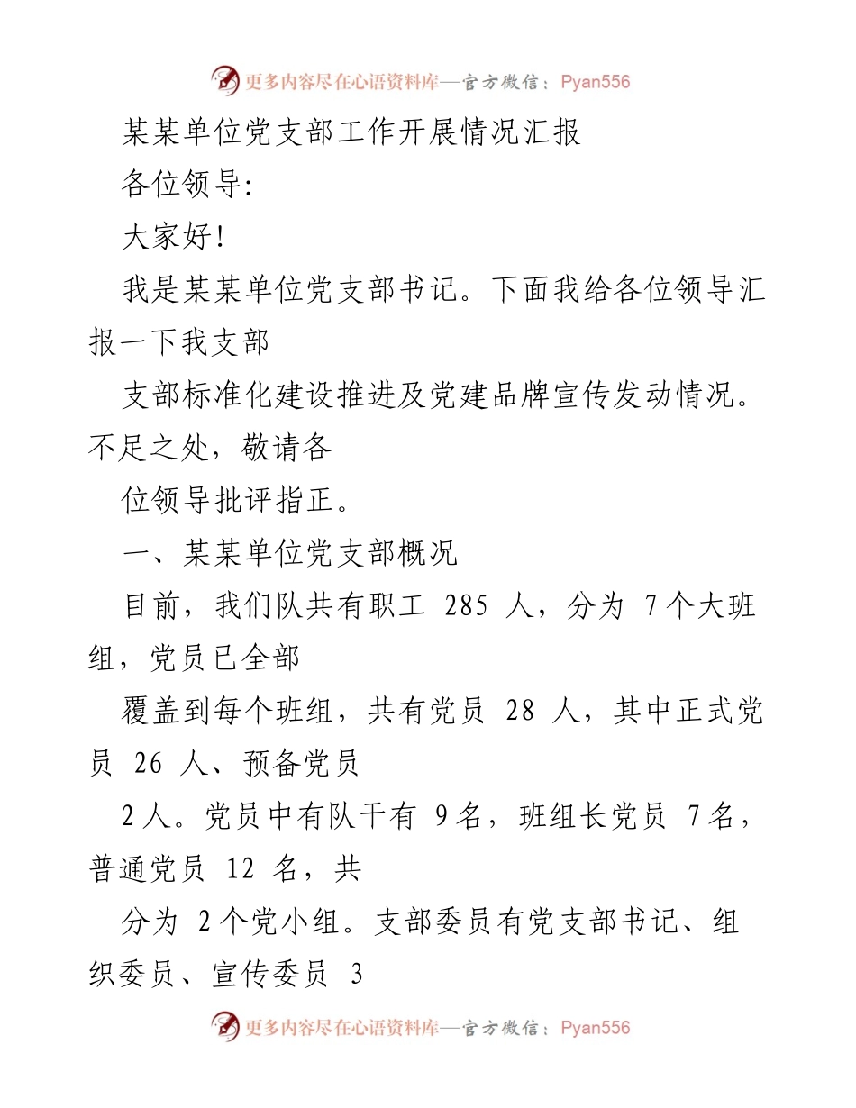 [工作总结] 党支部工作汇报 - 某某单位党支部标准化建设与党建品牌宣传情况总结.docx_第1页