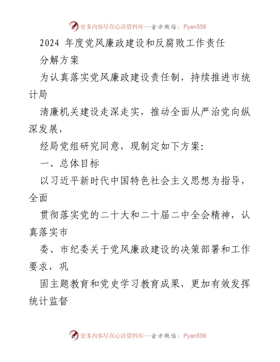 [工作总结] 党风廉政建设会议 - 2024年度党风廉政建设责任分解方案.docx_第1页