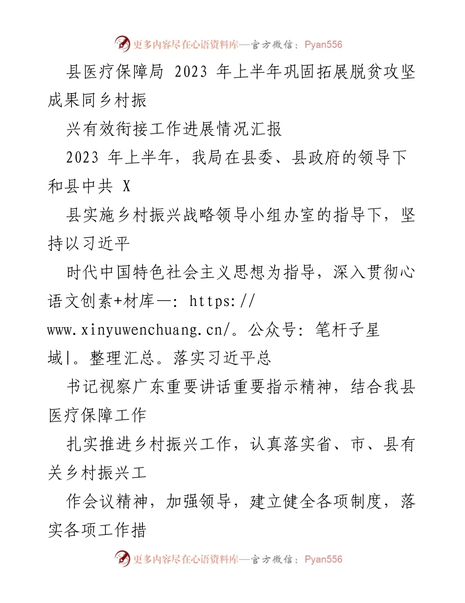 [工作总结] 医疗保障工作 - 2023年上半年乡村振兴与脱贫攻坚成果衔接工作进展报告.docx_第1页