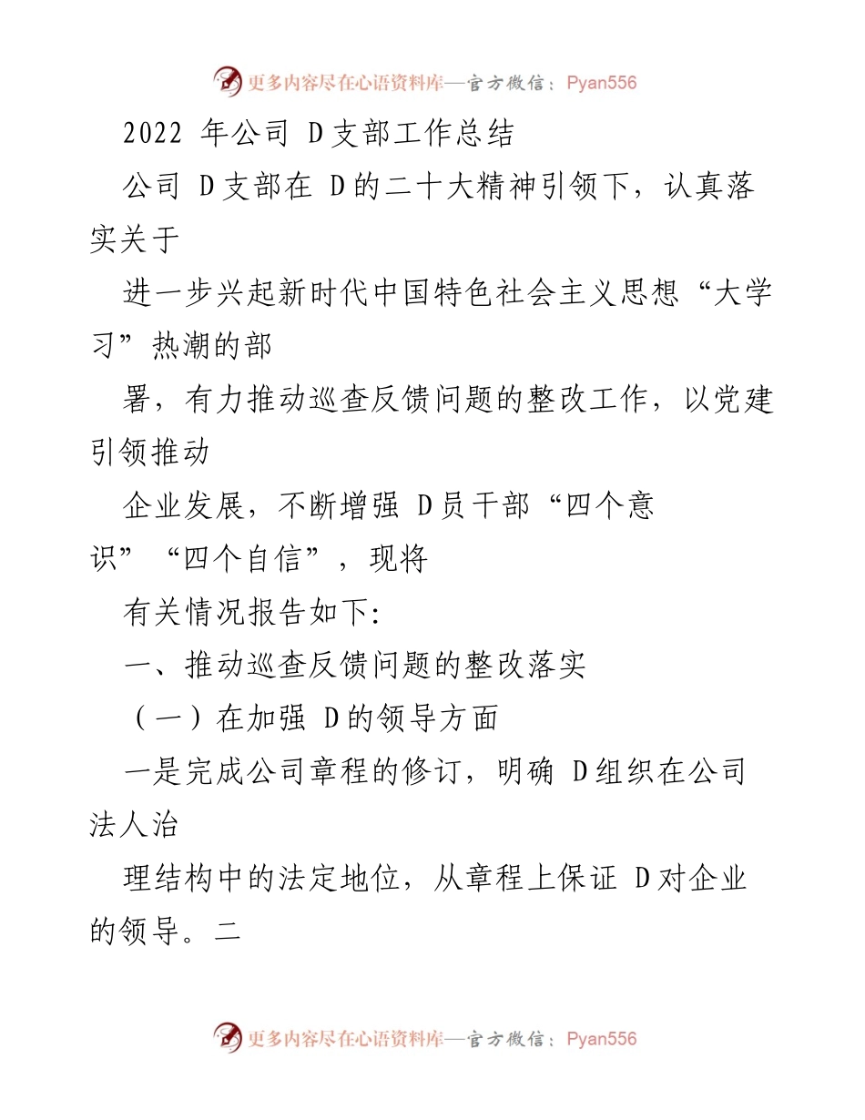 [工作总结] 公司D支部 - 2022年D支部工作总结及整改落实情况报告.docx_第1页