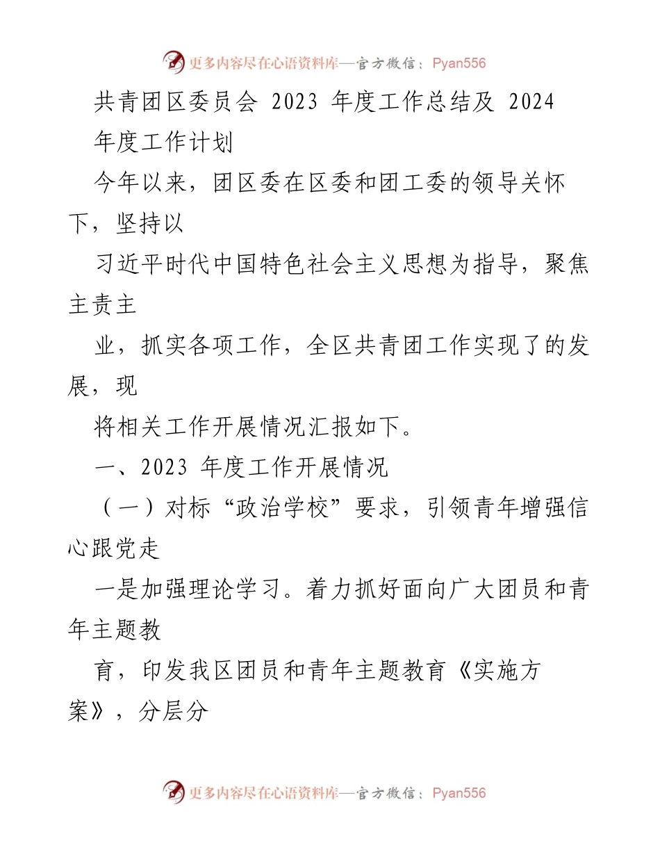 [工作总结] 共青团区委员会 - 2023年度工作总结与2024年度工作计划.docx_第1页