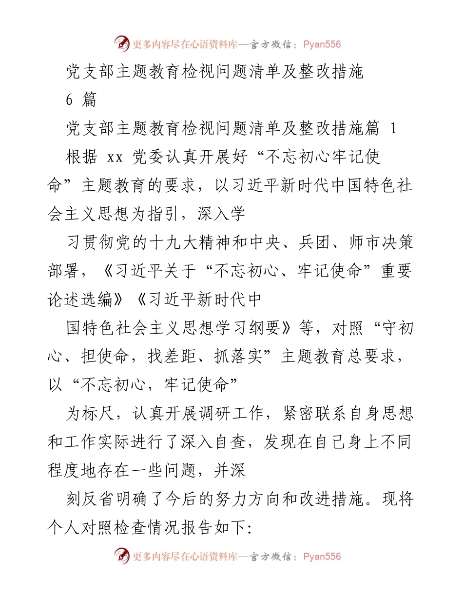[工作总结] 党支部主题教育 - 党支部主题教育问题检视与整改措施总结.docx_第1页