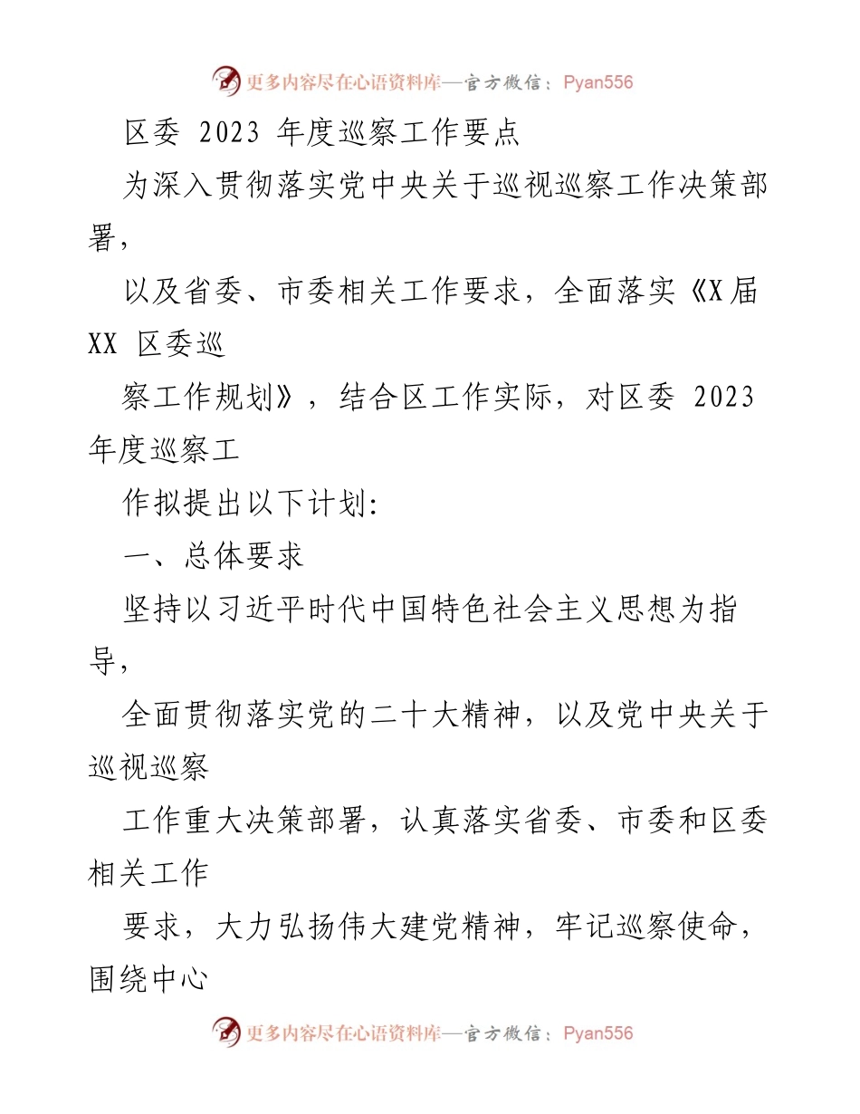 [工作总结] 区委 2023 年度巡察工作 - 区委巡察工作要点与计划.docx_第1页