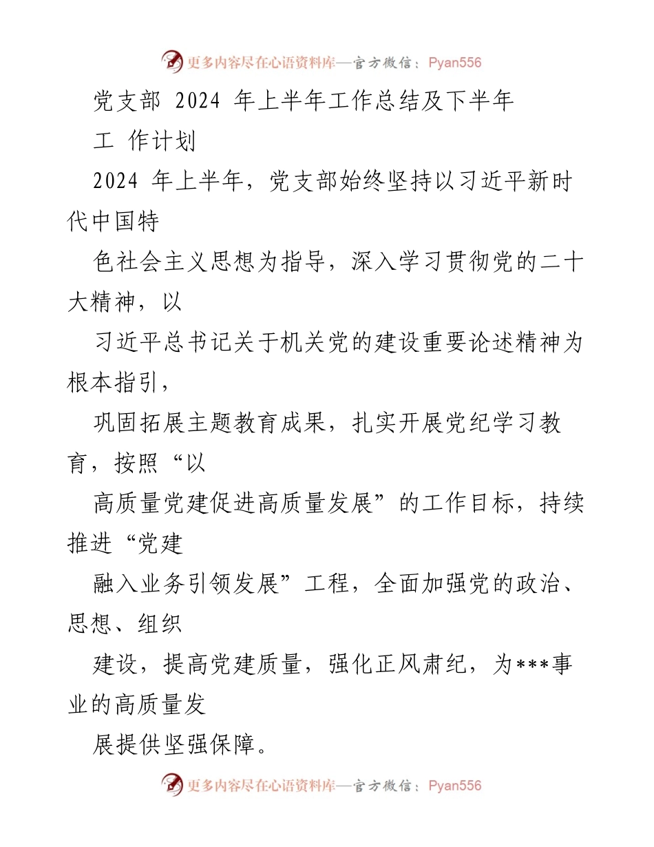 [工作总结] 党支部 - 2024年上半年工作总结与下半年工作计划.docx_第1页