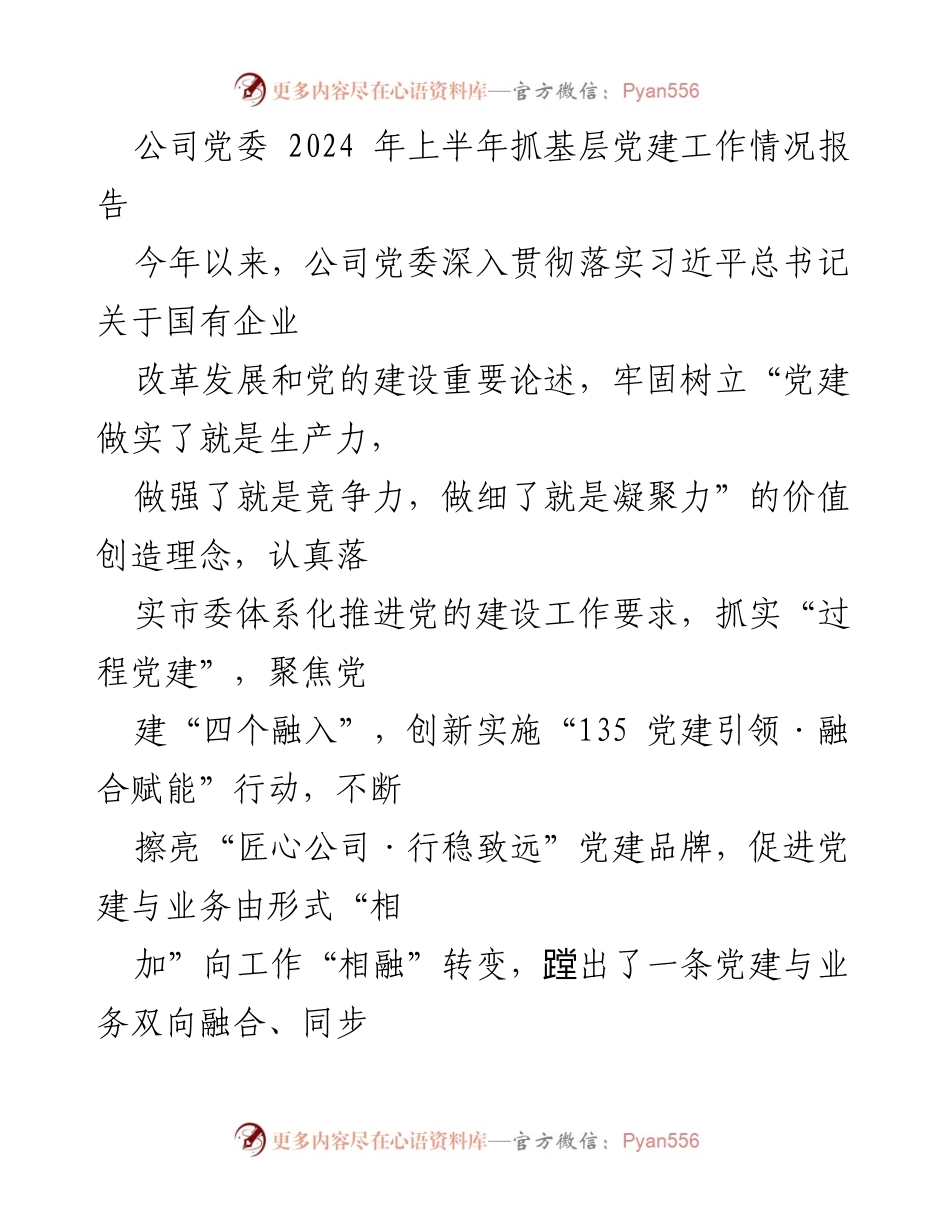 [工作总结] 公司党委 - 2024年上半年基层党建工作情况报告.docx_第1页