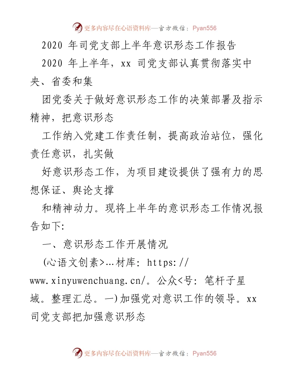 [工作总结] 党支部 - 2020年上半年意识形态工作总结报告.docx_第1页