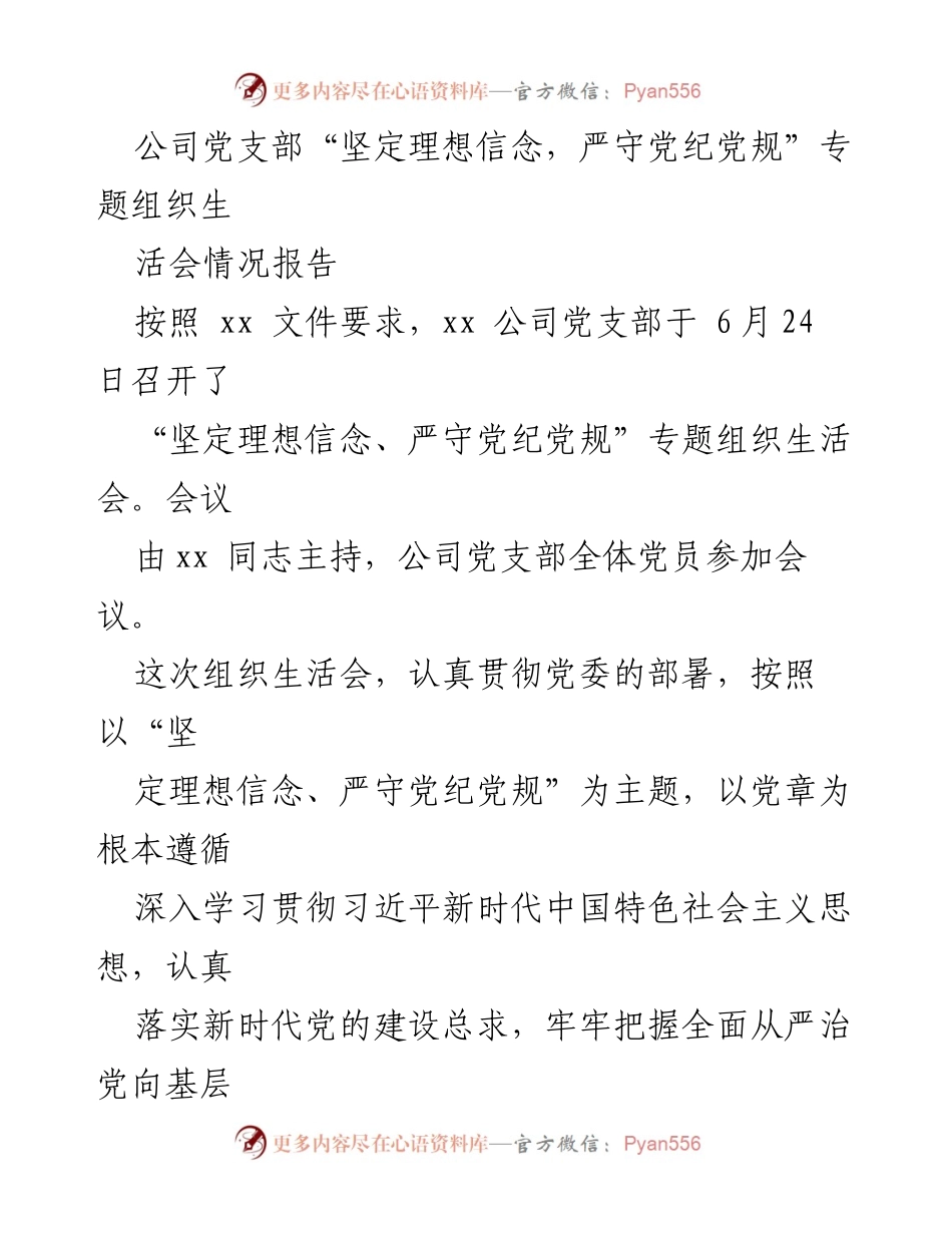 [工作总结] 党支部会议 - 公司党支部专题组织生活会情况报告.docx_第1页