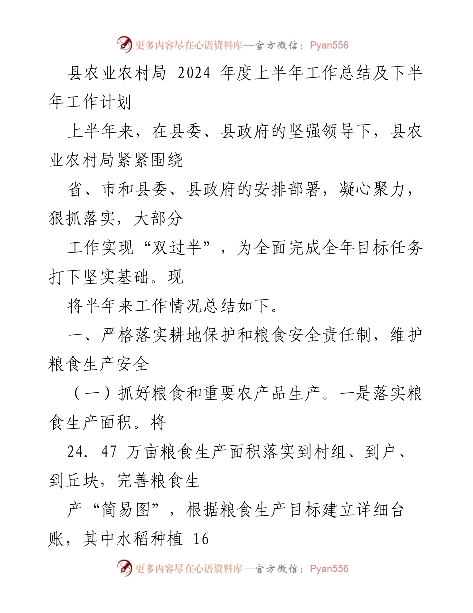 [工作总结] 农业农村局 - 2024年上半年工作总结与下半年工作计划.docx_第1页