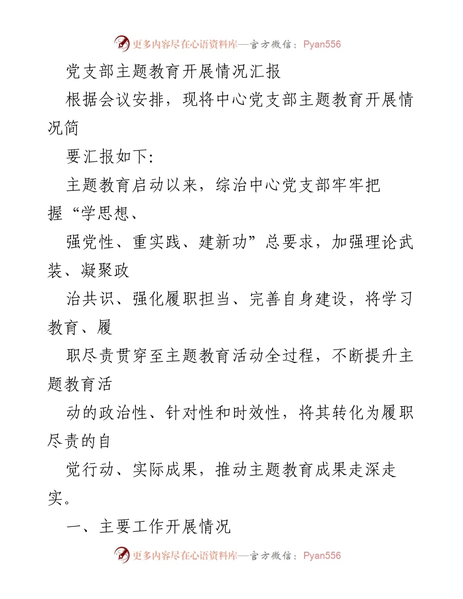 [工作总结] 党支部主题教育 - 综治中心党支部主题教育开展情况汇报_1.docx_第1页