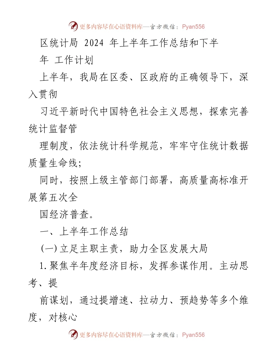 [工作总结] 区统计局 - 2024年上半年工作总结与下半年工作计划.docx_第1页