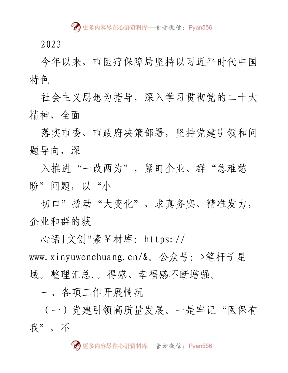 [工作总结] 医疗保障局 - 2023年市医疗保障局工作总结与党建引领成效.docx_第1页