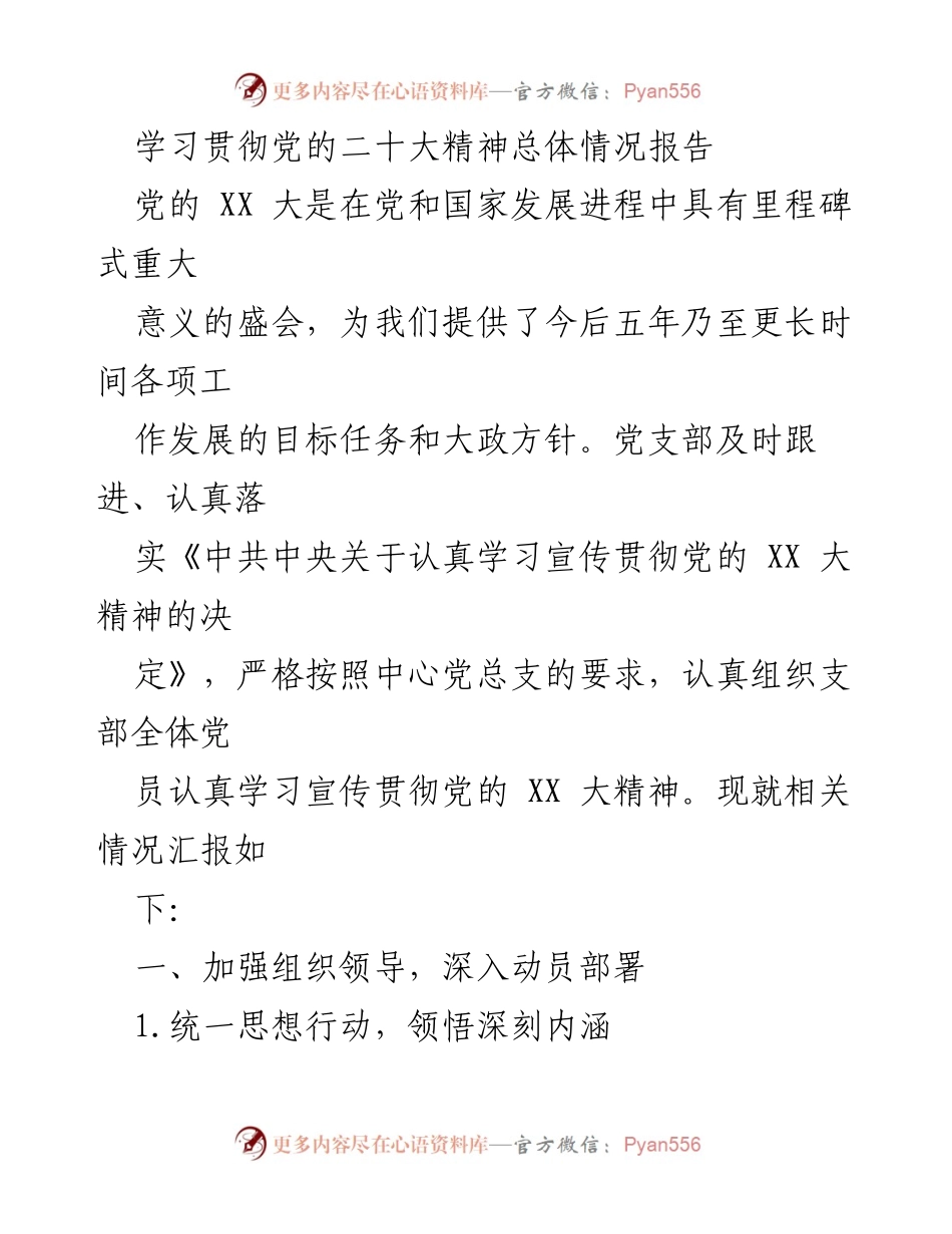 [工作总结] 党支部学习情况 - 学习贯彻党的二十大精神工作总结报告.docx_第1页