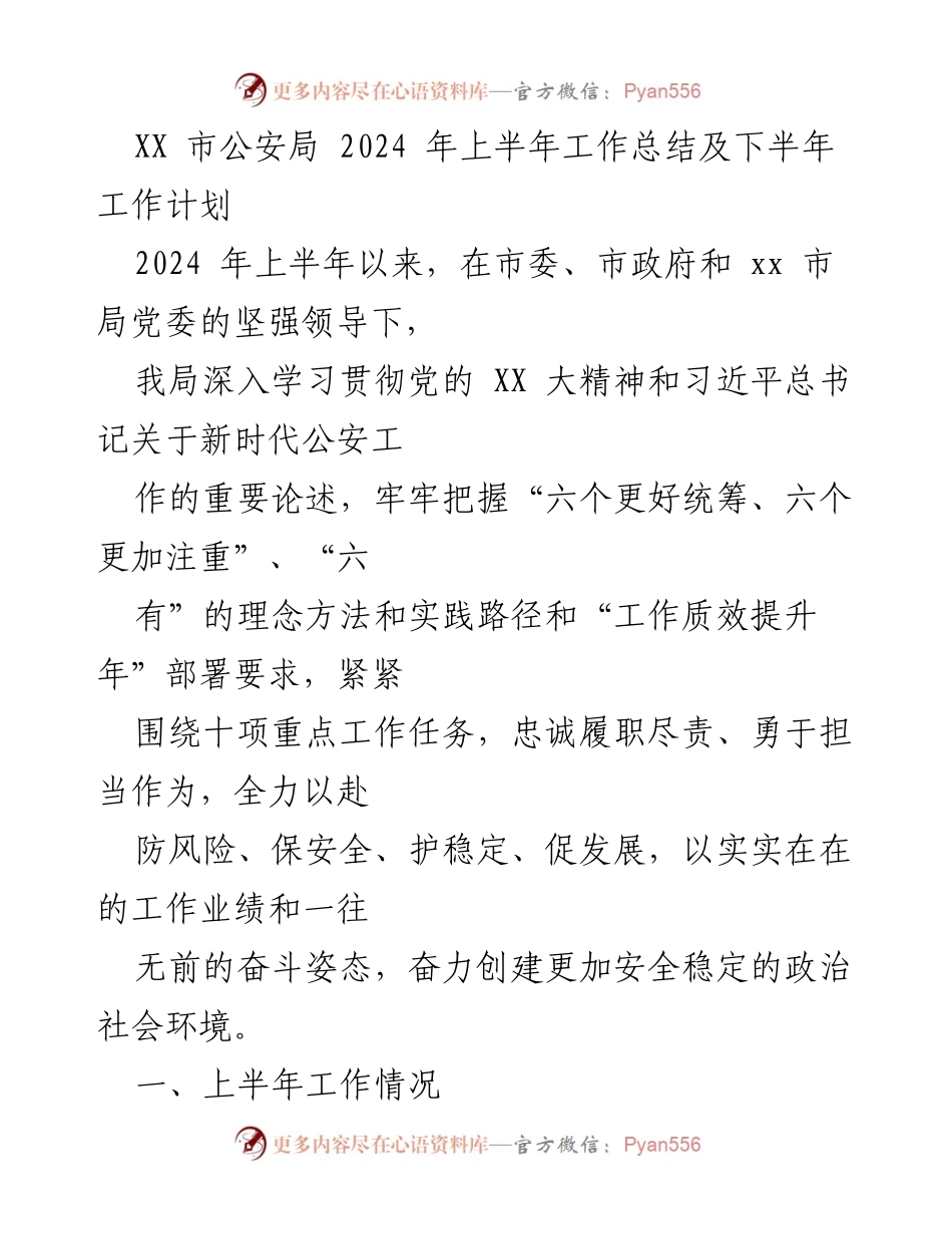 [工作总结] 公安局 - 2024年上半年工作总结及下半年工作计划.docx_第1页