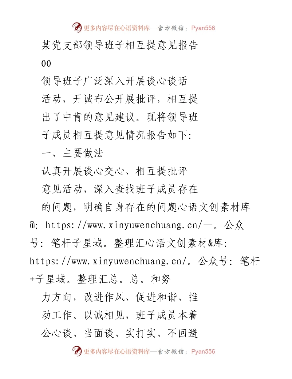 [工作总结] 党支部领导班子 - 领导班子相互提意见情况总结报告.docx_第1页