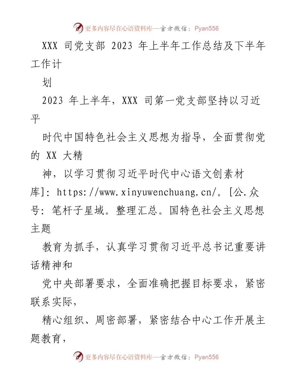 [工作总结] 党支部会议 - XXX司2023年上半年党支部工作总结与下半年计划.docx_第1页