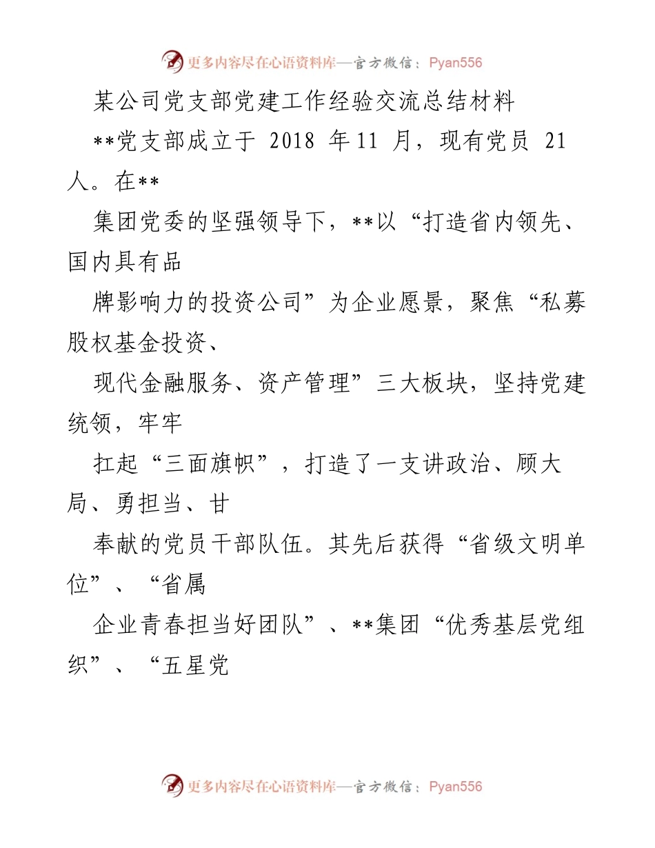 [工作总结] 党建工作经验交流 - 某公司党支部党建工作经验交流总结.docx_第1页