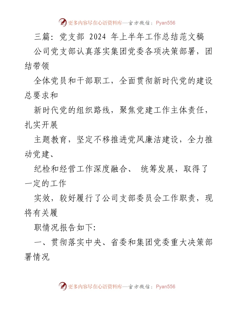 [工作总结] 公司党支部 - 2024年上半年党建工作总结与落实情况报告.docx_第1页