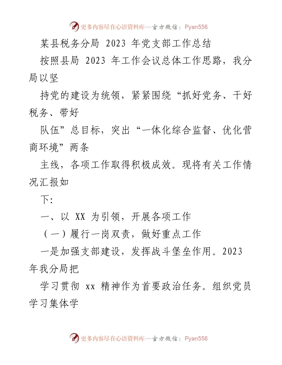 [工作总结] 党支部 - 2023年某县税务分局党支部工作总结与成效分析.docx_第1页