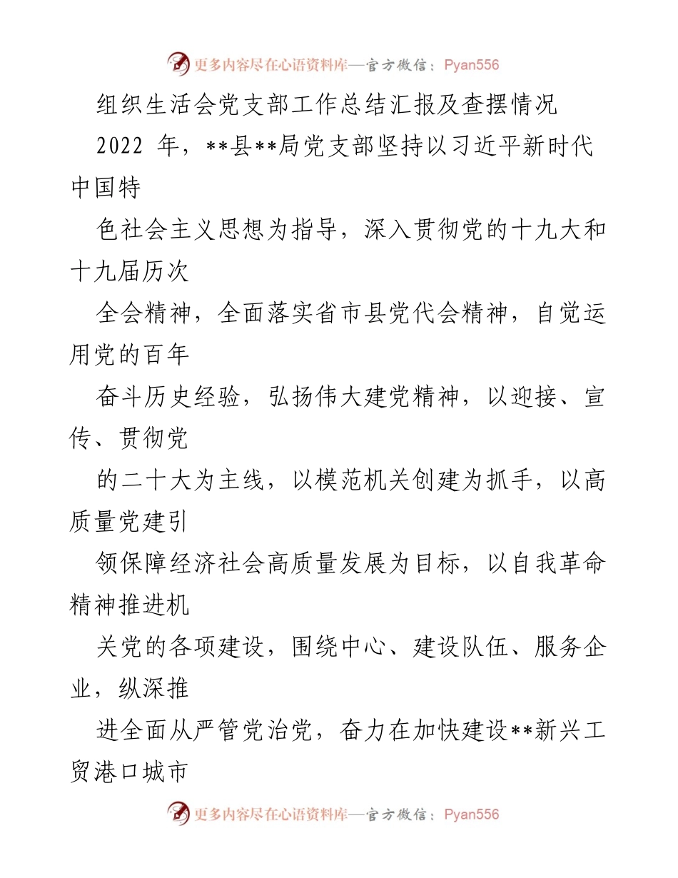 [工作总结] 党支部组织生活会 - 2022年度党支部工作总结与查摆情况报告.docx_第1页
