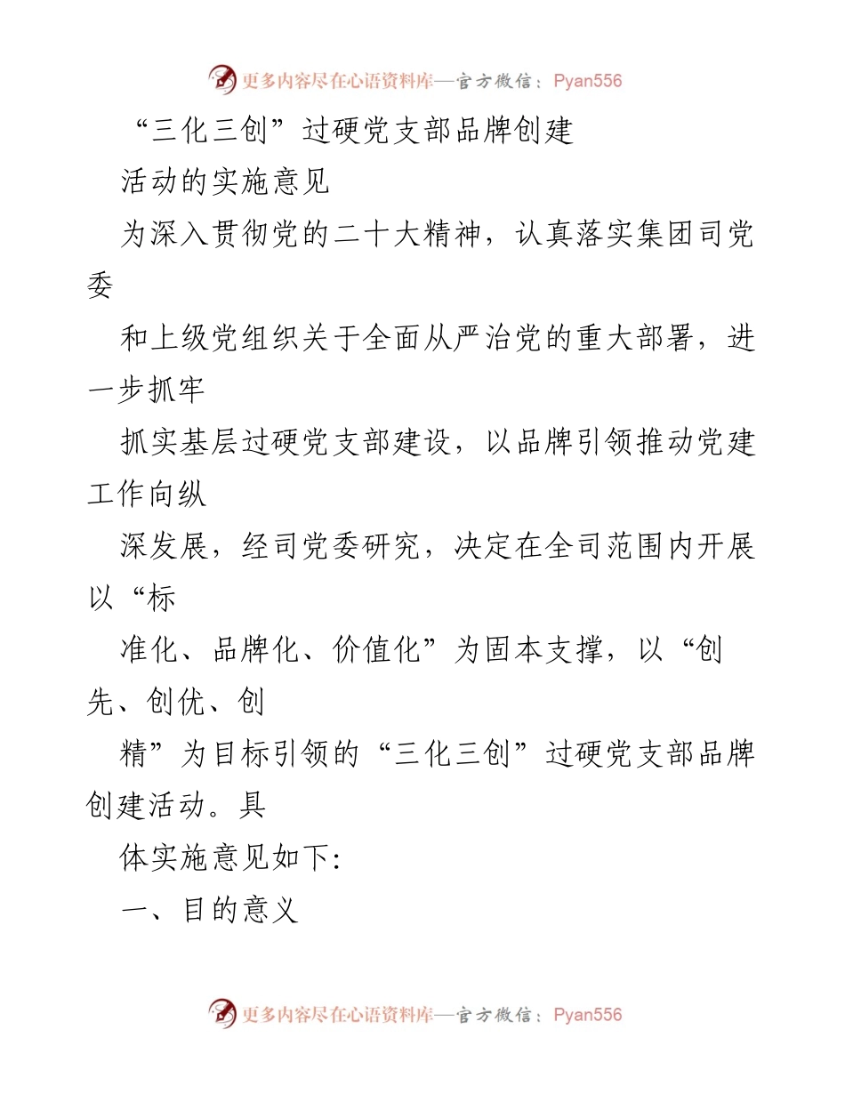 [工作总结] 党建活动 - “三化三创”过硬党支部品牌创建实施意见.docx_第1页