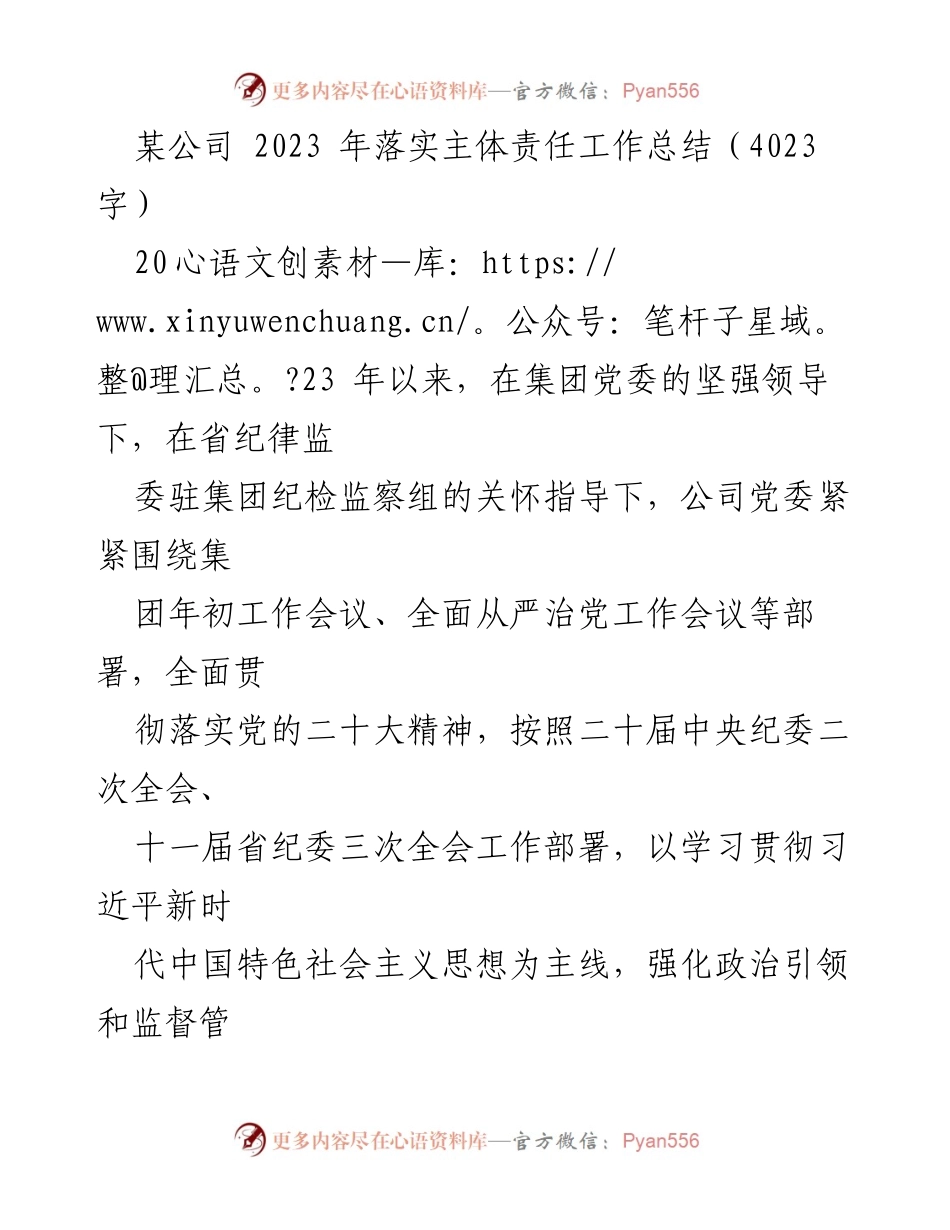 [工作总结] 公司年度工作总结 - 2023年落实主体责任工作总结.docx_第1页