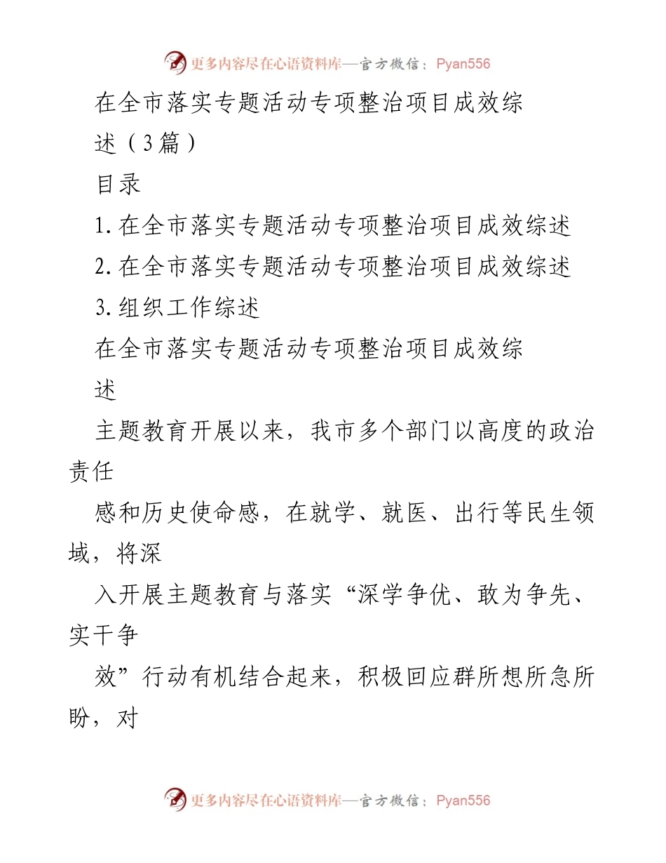 [工作总结] 全市专题活动 - 全市落实专题活动专项整治项目成效综述.docx_第1页