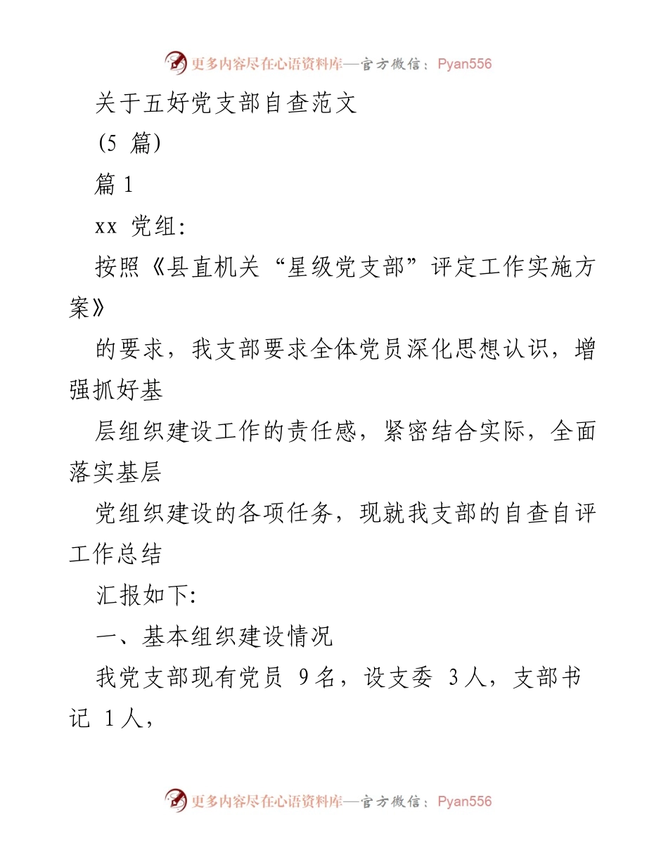 [工作总结] 党支部自查 - 五好党支部自查工作总结报告_1.docx_第1页