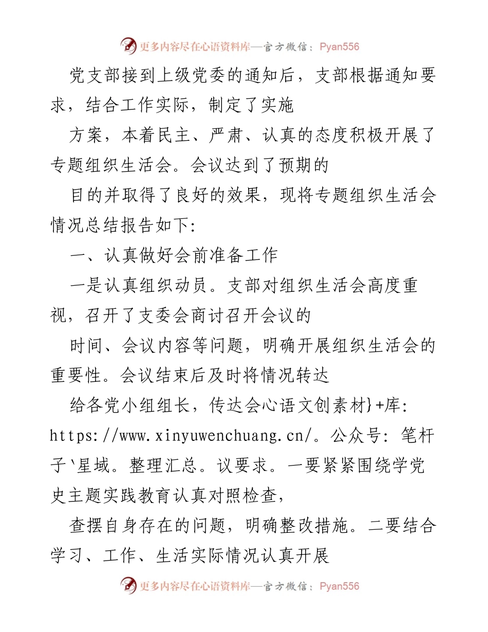 [工作总结] 党支部专题组织生活会 - 党支部专题组织生活会总结报告.docx_第1页