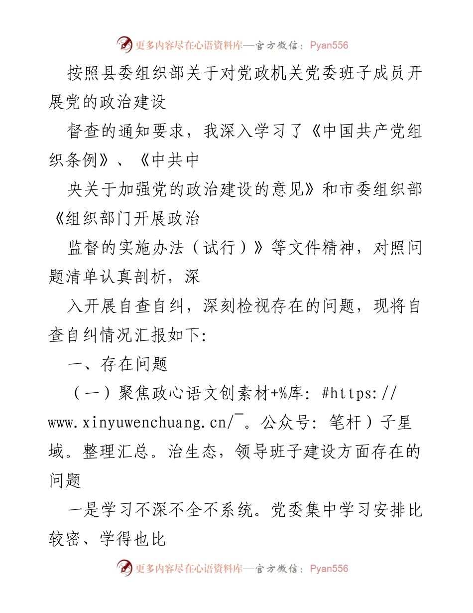 [工作总结] 党政机关 - 党的政治建设督查自查自纠情况汇报.docx_第1页