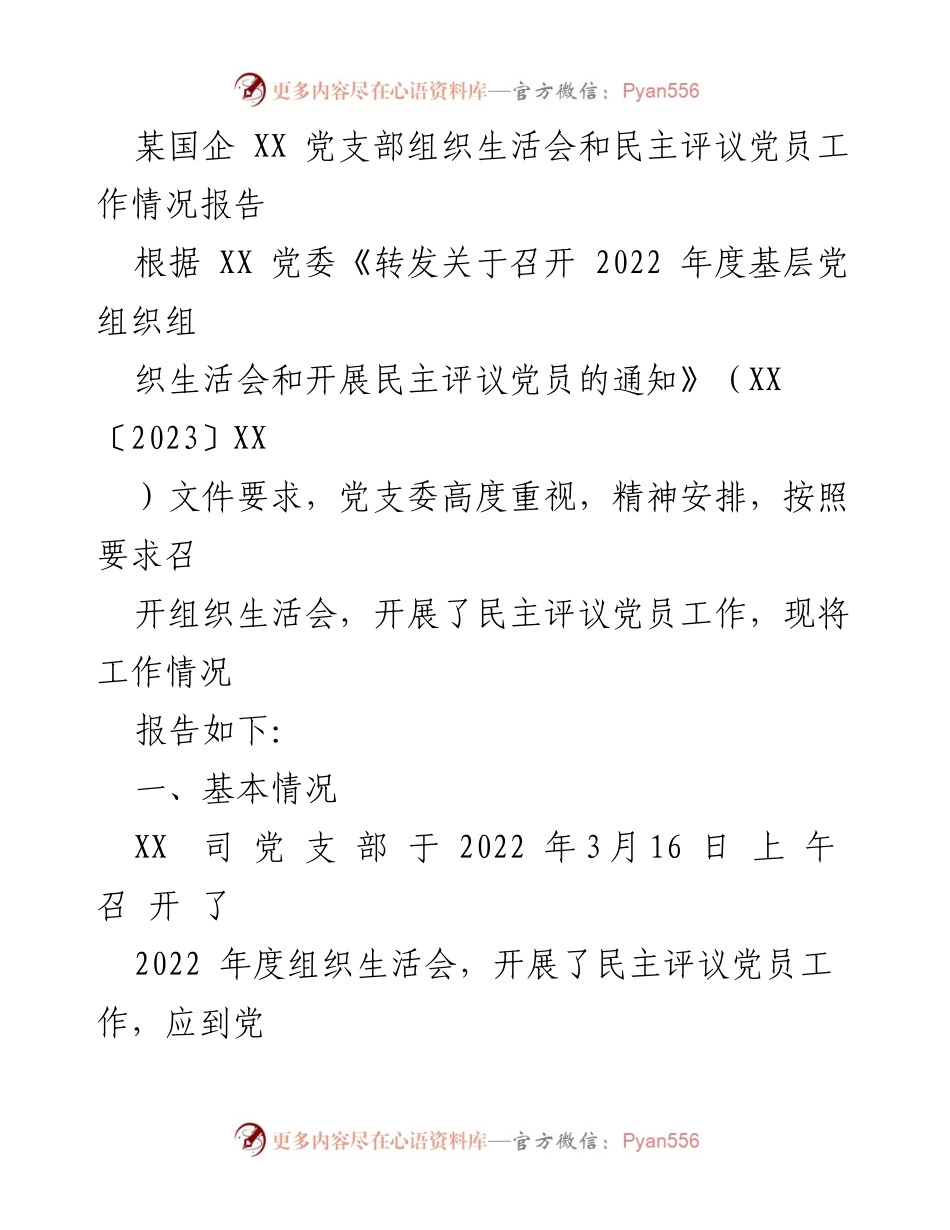 [工作总结] 党支部组织生活会 - 2022年度党支部组织生活会及民主评议党员工作情况报告.docx_第1页
