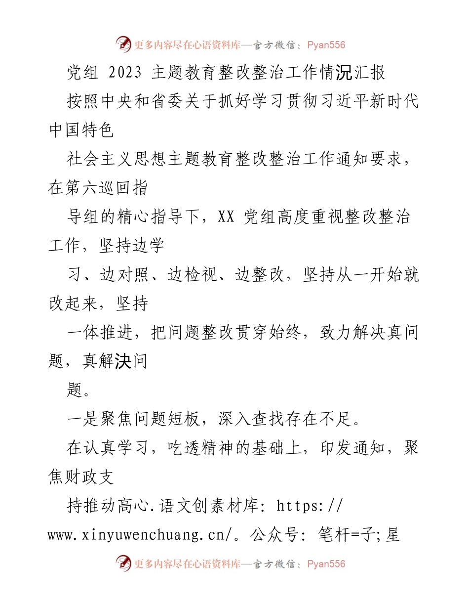 [工作总结] 党组主题教育整改整治工作 - 2023年主题教育整改整治工作情况汇报.docx_第1页