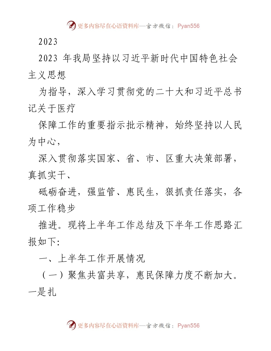 [工作总结] 医疗保障工作 - 2023年上半年医疗保障工作总结及下半年思路汇报.docx_第1页
