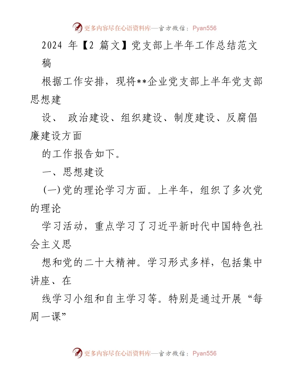 [工作总结] 党支部 - 2024年上半年党支部工作总结报告_1.docx_第1页