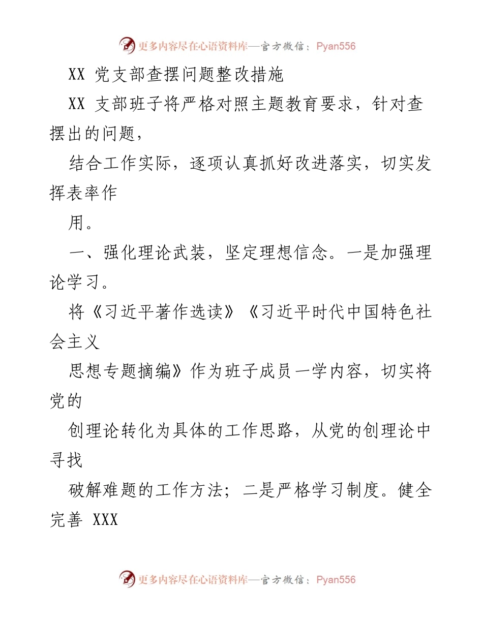 [工作总结] 党支部 - XX党支部问题整改措施及实施计划.docx_第1页