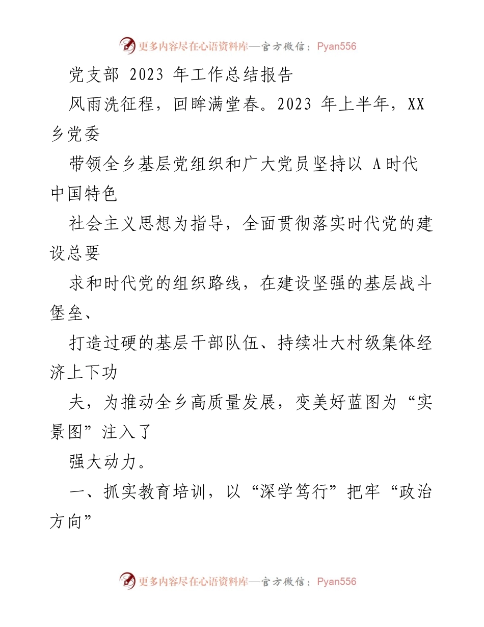[工作总结] 党支部 - 2023年XX乡党支部工作总结报告.docx_第1页