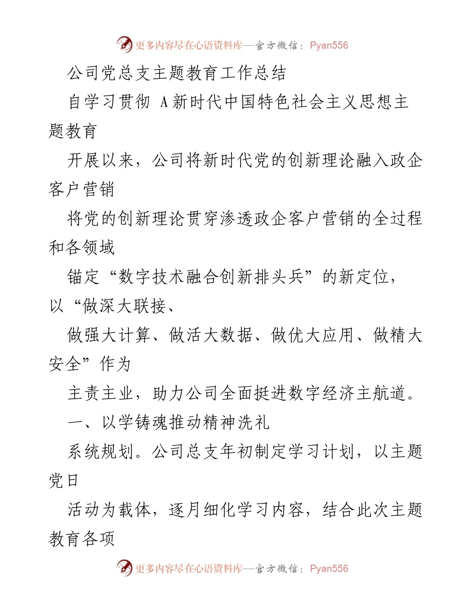 [工作总结] 公司党总支 - 主题教育工作的全面总结与实践探索.docx_第1页