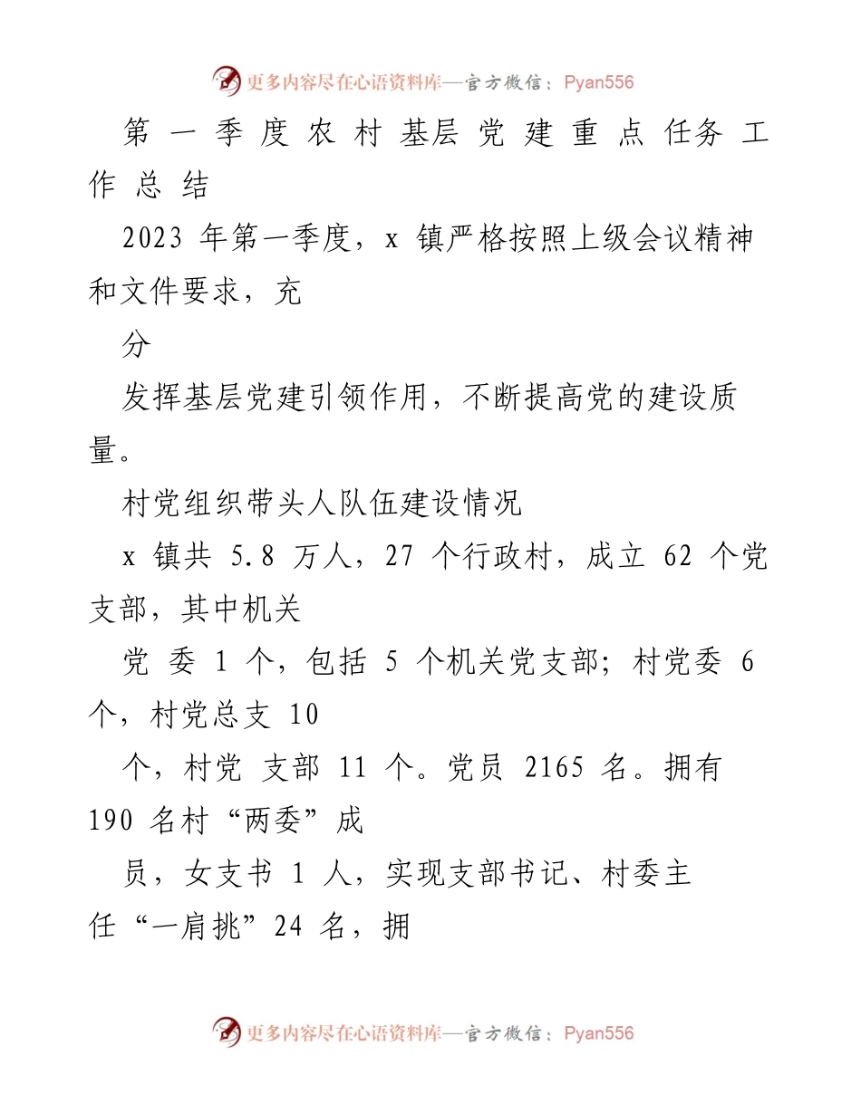 [工作总结] 农村基层党建 - 2023年第一季度农村基层党建工作总结.docx_第1页