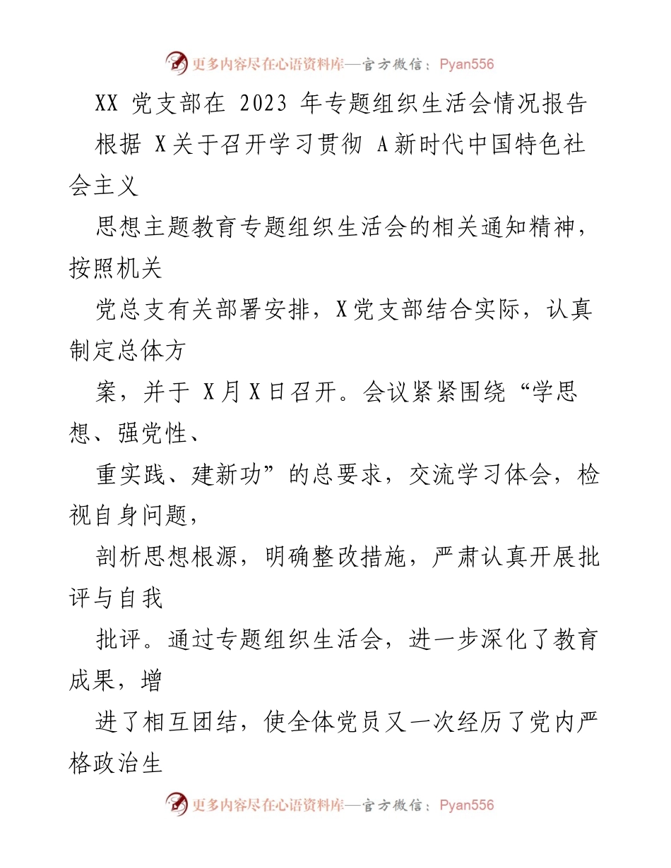 [工作总结] 党支部活动 - XX党支部2023年专题组织生活会情况报告.docx_第1页