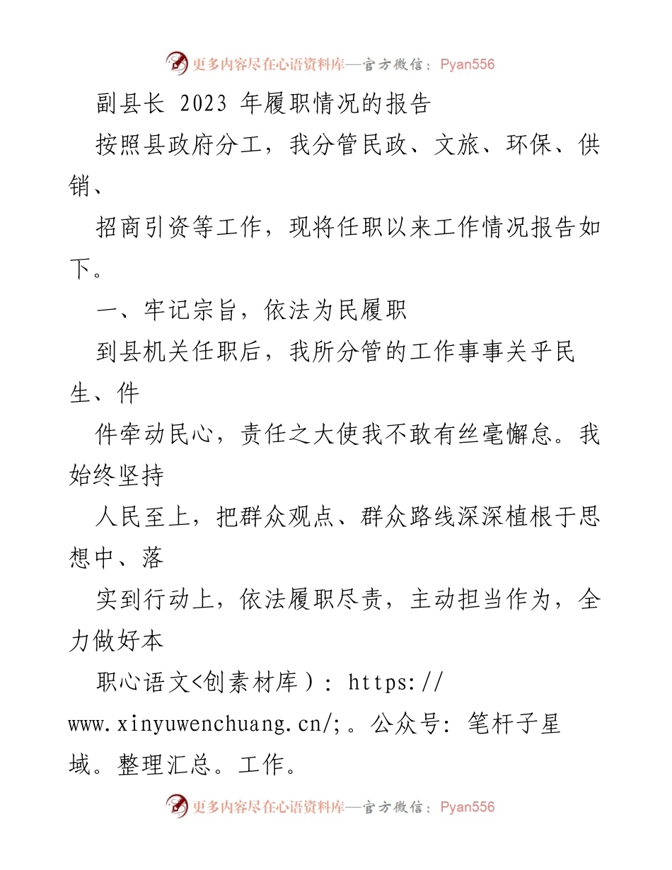 [工作总结] 副县长履职 - 2023年副县长履职情况报告.docx_第1页