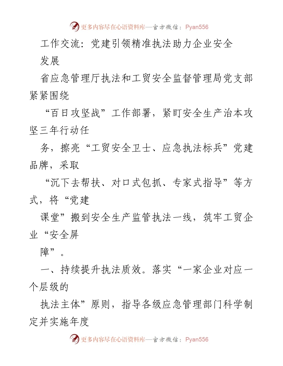 [工作总结] 党建引领 - 党建引领精准执法助力企业安全发展.docx_第1页
