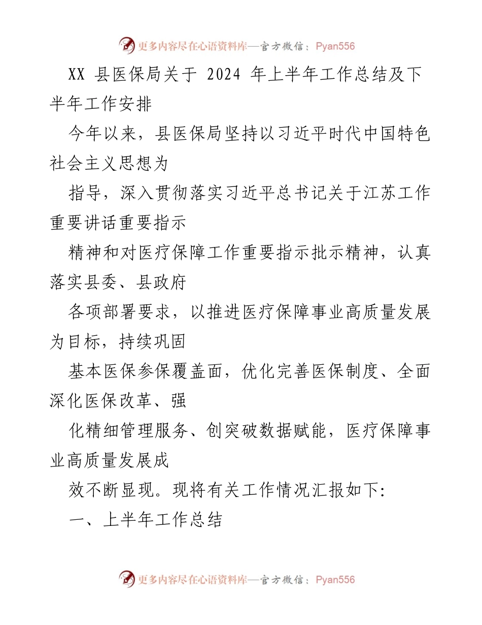 [工作总结] 医疗保障会议 - 2024年上半年医保局工作总结与下半年安排.docx_第1页