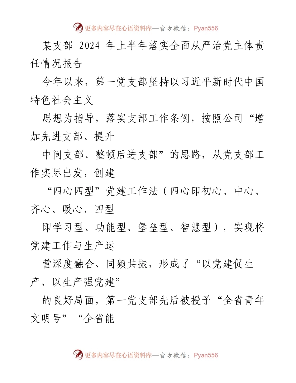 [工作总结] 党支部 - 2024年上半年全面从严治党主体责任落实情况报告.docx_第1页