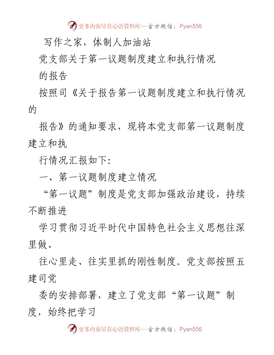 [工作总结] 党支部 - 关于第一议题制度建立和执行情况的工作总结报告.docx_第1页