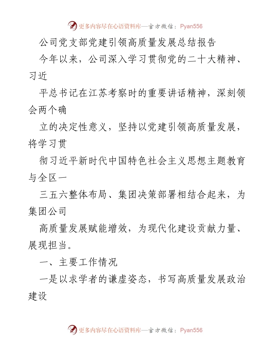 [工作总结] 公司党支部 - 党建引领高质量发展工作总结报告.docx_第1页